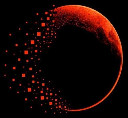 NOVA ZEIT Bildmarke: ein roter Mond, der sich in Pixel auflöst